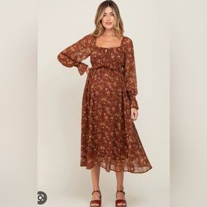 pink blush maternity Brown Floral Chiffon Smocked Waist Maternity Midi Dress